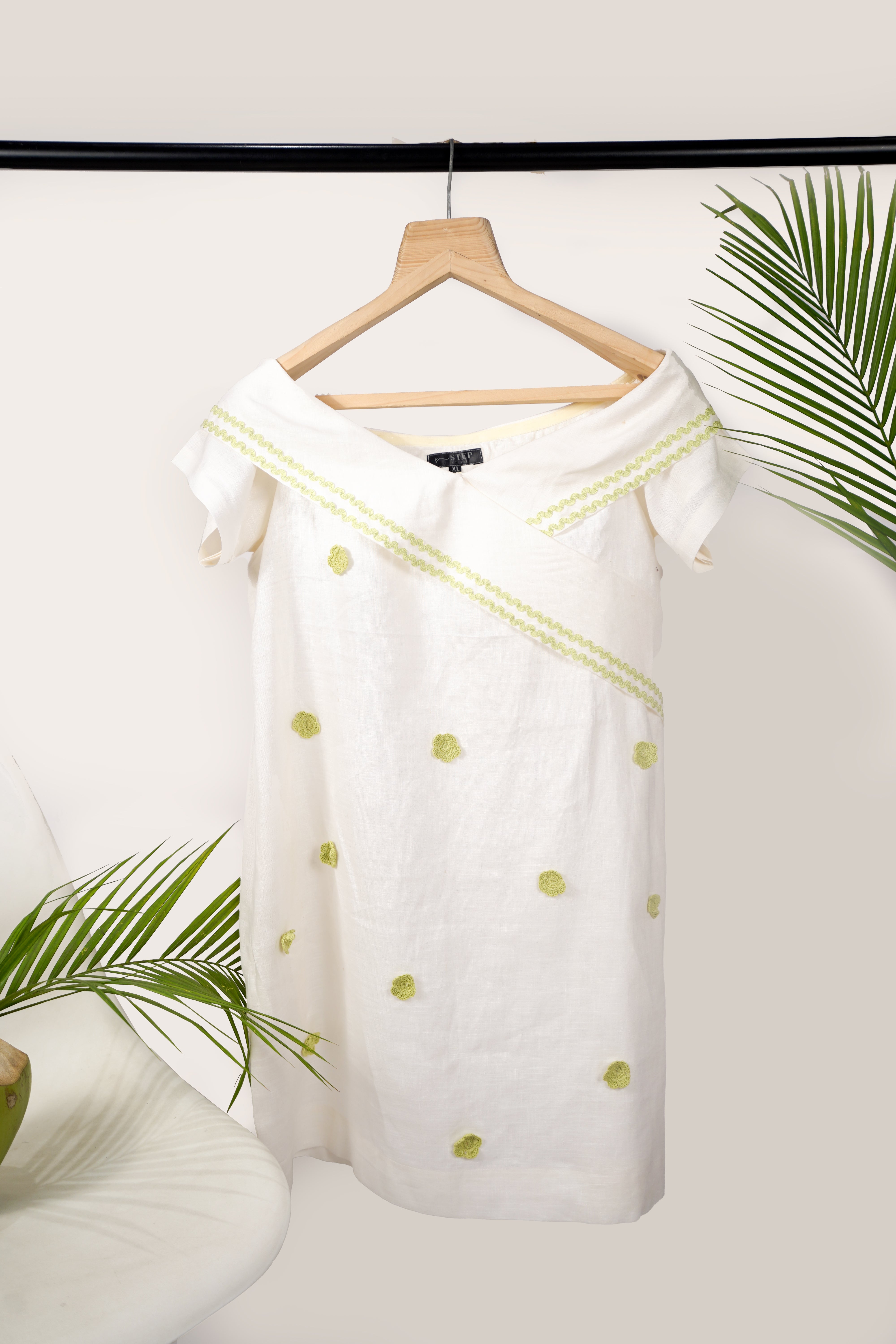 White off shoulder dress with green crochet stepbyps White off shoulder dress with green crochet stepbyps
