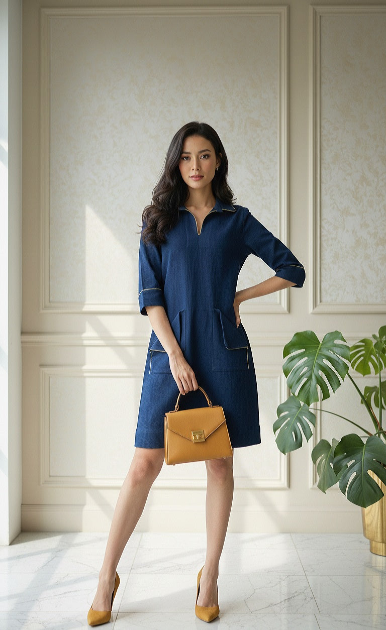 Denim Zip Dress with Collar